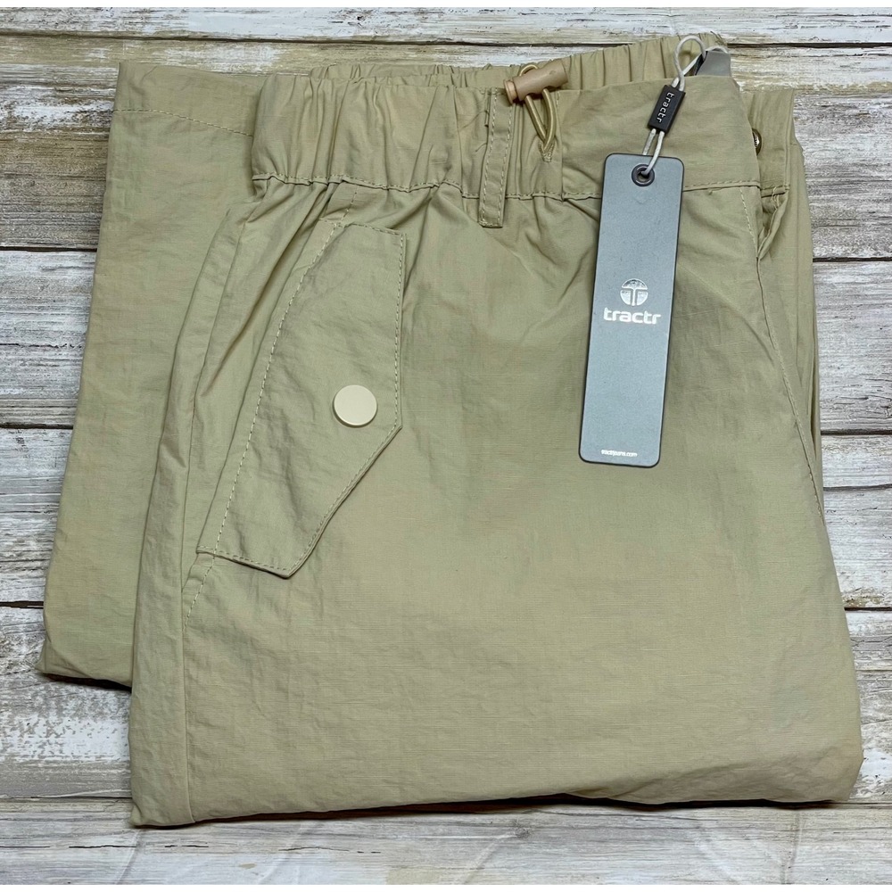 Tractr Womens Beige Nylon Wide Leg Cargo Pants Drawstring Waist Size S‎ New